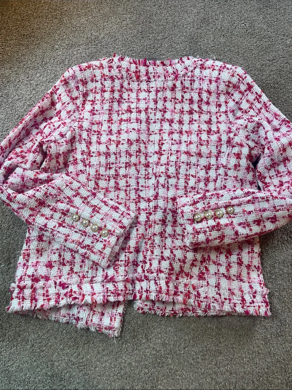 🎀🌺🌸Nanette Lepore sz8 Pink “tweed” Blazer pink red white Fringe Faux Pearls NWT